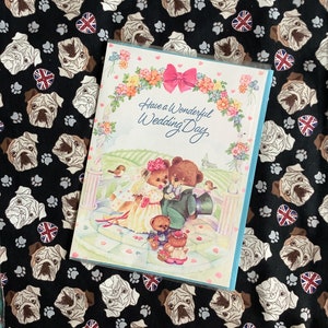 MERAVIGLIOSA cartolina vintage degli anni '90 circa "Buongiorno al mio matrimonio" in formato A4 di grandi dimensioni - ADORABILE design con orsetto di sposi e sposi con un pizzico di glitter