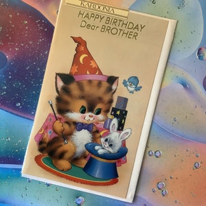 Cartão raro vintage, sem uso, dos anos 1970, "Feliz aniversário, querido irmão" - Design superfofo de gato e coelho - Vintage/Retro/Kitsch Loving Brother