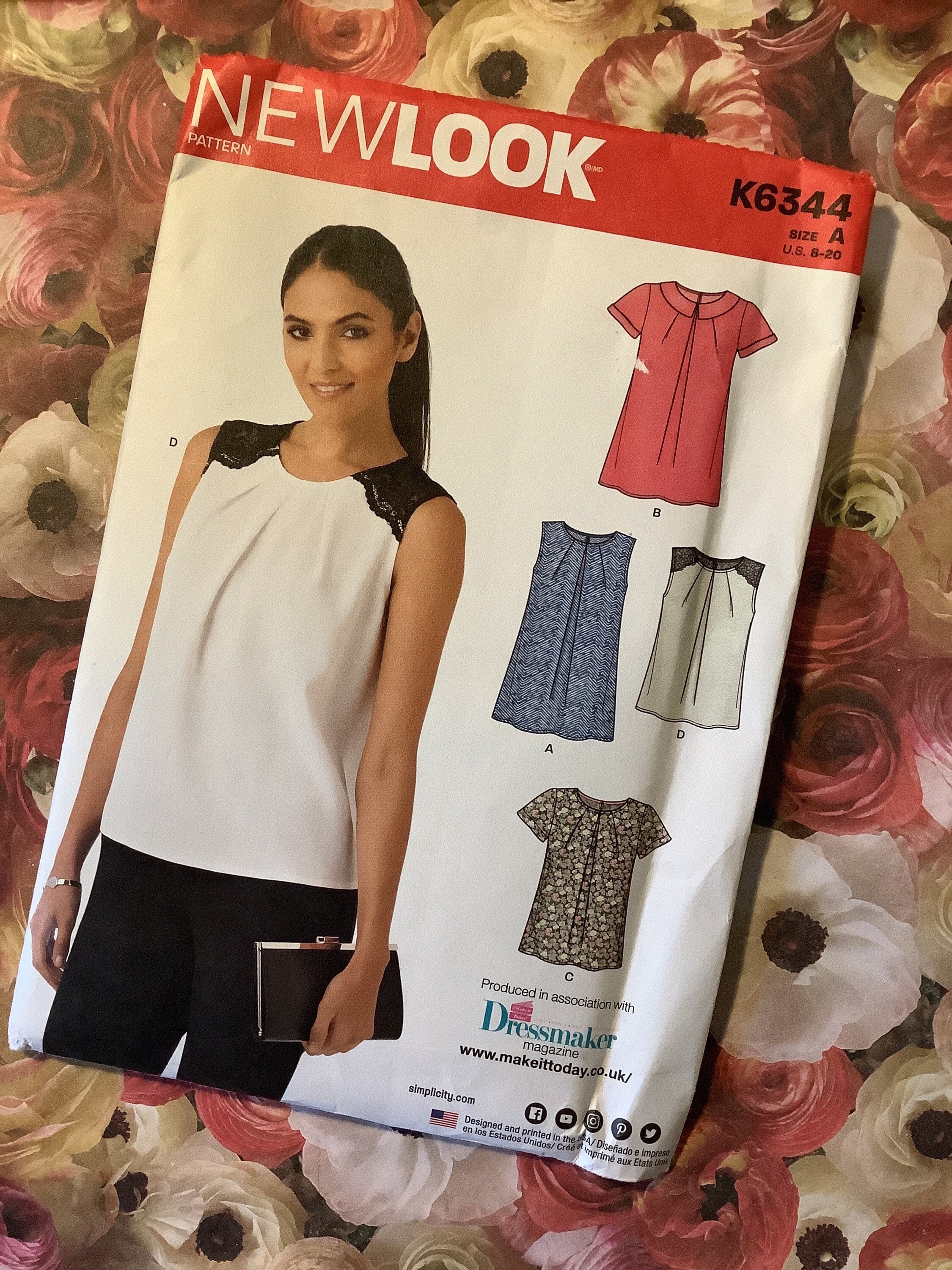 Uncut 2017 New Look Sewing Pattern No K6344 for Ladies Tops in Sizes 6-18 - 4 Different Styles - Seven Sizes In One Pattern -Supply Pattern