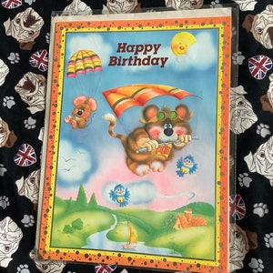 ZELDZAME grote echte vintage Circa jaren 1970 'Happy Birthday' kaart - Kitsch, Retro Parachutespringen en Paragliding Tiger en Mouse Design - jaren '70 Bluebirds