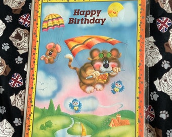 RARE Large True Vintage Circa 1970s 'Happy Birthday' Card - Kitsch, Retro Parachuting and Paragliding Tiger and Mouse Design - 70s Bluebirds