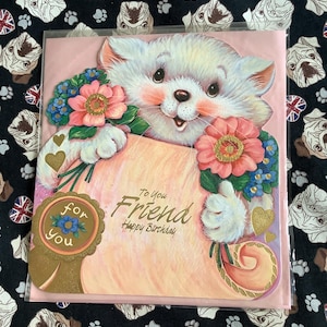 RARE Large Vintage/Retro Circa 1980s &#39;To You Friend Happy Birthday&#39; Card - ADORABLE Cut-out Textured Foil Cat and Floral Design - Cat Lover