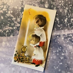 EXTREMAMENTE RARO Retro/Vintage por volta dos anos 1970 Cartão de Natal em branco Coro Meninos acendendo uma vela Design de Marion Foster -Cartão para emoldurar -Nostalgia