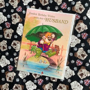 RARO Grande Vintage/Retro Circa 1970s 'Fondest Birthday Wishes to my dear Husband' Cartão - Design de Cão Pescador - Cartão Nostalgic - Sweet Verse