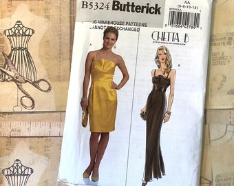 Uncut 2009 Butterick 'Chetta B' Pattern No B5324 for Misses' Lined Dress in above mid-knee or floor length style - Sizes 6-8-10-12 - Supply