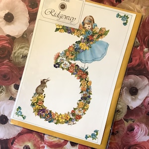Extrem seltene Vintage circa 1970er Jahre Geburtstagskarte - Schöne Hilary Jarvis Design einer Floralen Nummer 3 und ein hübsches 'Alice' Style Girl