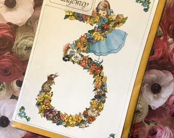 Extremely RARE Vintage Circa 1970s 3rd Birthday card - Beautiful Hilary Jarvis Design of a Floral Number 3 and a Pretty 'Alice' Style Girl