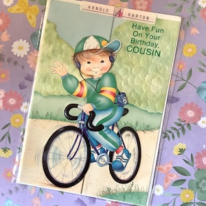 RARE Vintage Circa 1980s 'Divirta-se no seu aniversário, primo' Cartão com design divertido de ciclista - Retro/Ciclismo/Nostalgia Loving Primo - Cartão fofo