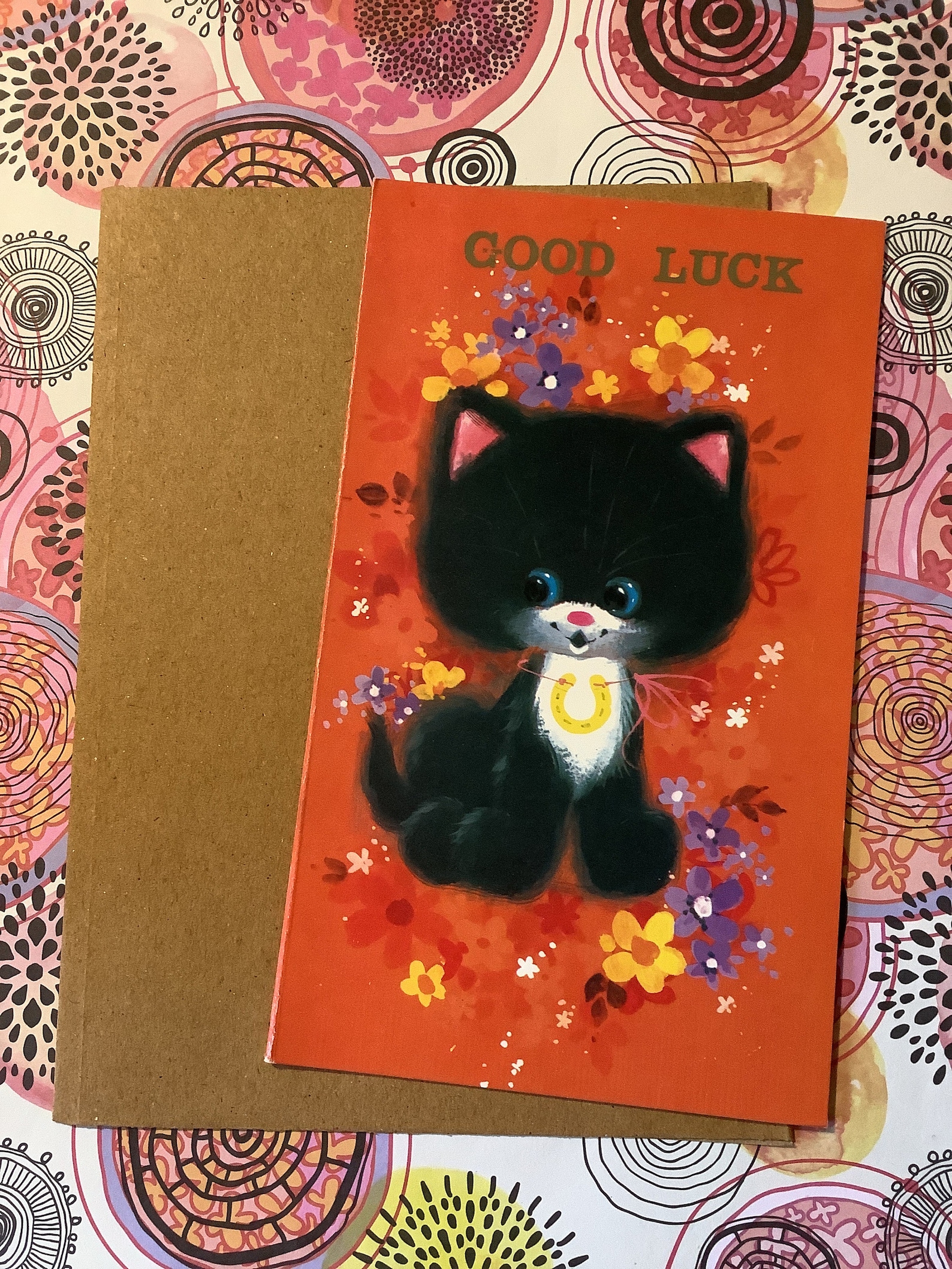 RARE Vintage Circa 1970s Good Luck Card Super Cute Retro Black Cat ...