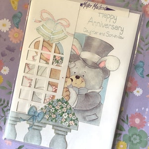 Tarjeta vintage/retro rara de los años 90: "Feliz aniversario, hija y yerno". Diseño de conejito con un toque de brillo. Sweet Verse.