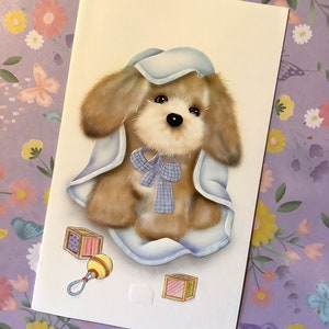 RARO biglietto d'auguri vintage/retrò degli anni '80 circa "New Baby Boy" - Design con un cane super carino avvolto in una coperta blu - Biglietto d'auguri vintage/per amanti dei cani - Semplice saluto