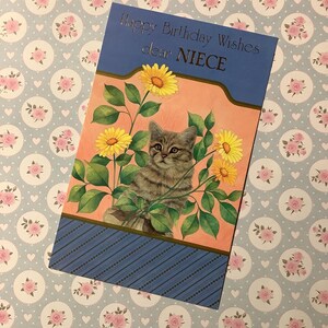 RARE carte vintage des années 1980 « Happy Birthday Wishes dear Niece » - Design super mignon de chat et de tournesols - vers doux à l'intérieur - nièce d'amant de chat