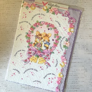 ENTZÜCKENDE Vintage-Karte aus den 1990er Jahren mit der Aufschrift „Hochzeitswünsche nur für Sie“ – Design eines süßen Hasenpaares mit süßer Begrüßung – niedliche, nostalgische Karte