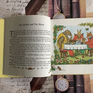 Op de afbeelding: Een illustratie uit een kinderboek met Brer Rabbit, Brer Fox en Brer Bear die aan een tafel zitten met een kom eten en drinken. De illustratie is omringd door een groene rand met bloemen en vlinders.