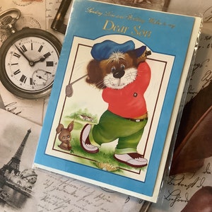 RARO biglietto d'auguri vintage/retrò degli anni '80 circa per il compleanno di un figlio con un simpatico cane e un coniglio che giocano a golf - Biglietto nostalgico - Figlio amante del golf - Versetto dolce