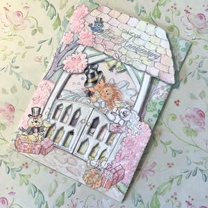 RARO Vintage/Retro Circa anni '80 inutilizzato 'Per il tuo anniversario d'argento' Design ritagliato - ADORABILE Sposa, Sposo e Animali Design - Nostalgia