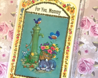 RARE Circa 1970s Vintage/Retro ‘For You,  Mummy' Mother's Day Card - Cute Cat, Mouse, Bluebirds & Floral Design and Sweet Verse - Nostalgic
