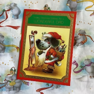Raro perro vintage grande de la década de 1970 con un mensaje "Amorosos deseos navideños para un papá maravilloso". Super retro, vestido de Papá Noel. Diseño de J Patience.