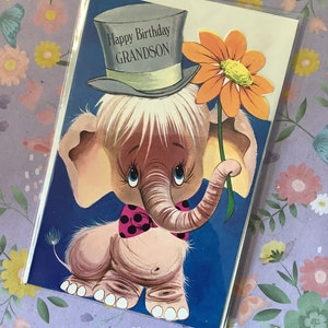 Cartão RARO Verdadeiro Vintage/Retro Circa 1960 'Feliz Aniversário Neto' Design de Elefante Bonito - Verso Doce - Cartão de Neto Amoroso Vintage/Elefante