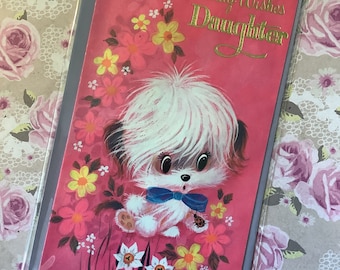 RARE True Vintage Circa 1960s 'Birthday Wishes Daughter' Four-Fold Card - Cute Dog & Ladybird Design -Sweet Verse  Retro/Dog Loving Daughter
