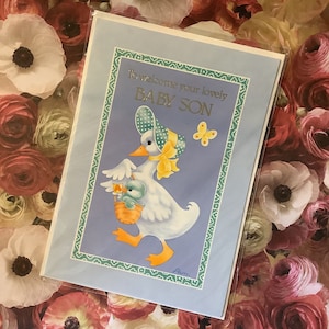 RARA cartolina vintage/retrò degli anni '80 'Per dare il benvenuto al tuo adorabile figlioletto' ADORABILE Design di Mummia Anatra e Baby Anatroccolo - Dolce Saluto - Nostalgia