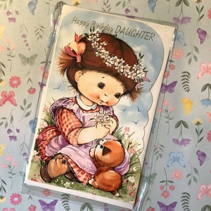 RARE vintage Circa 1970s « Happy Birthday Daughter » Card Cute Little « Holly Hobbie » Style Girl wearing a Daisy Chain Headband and Cat Design