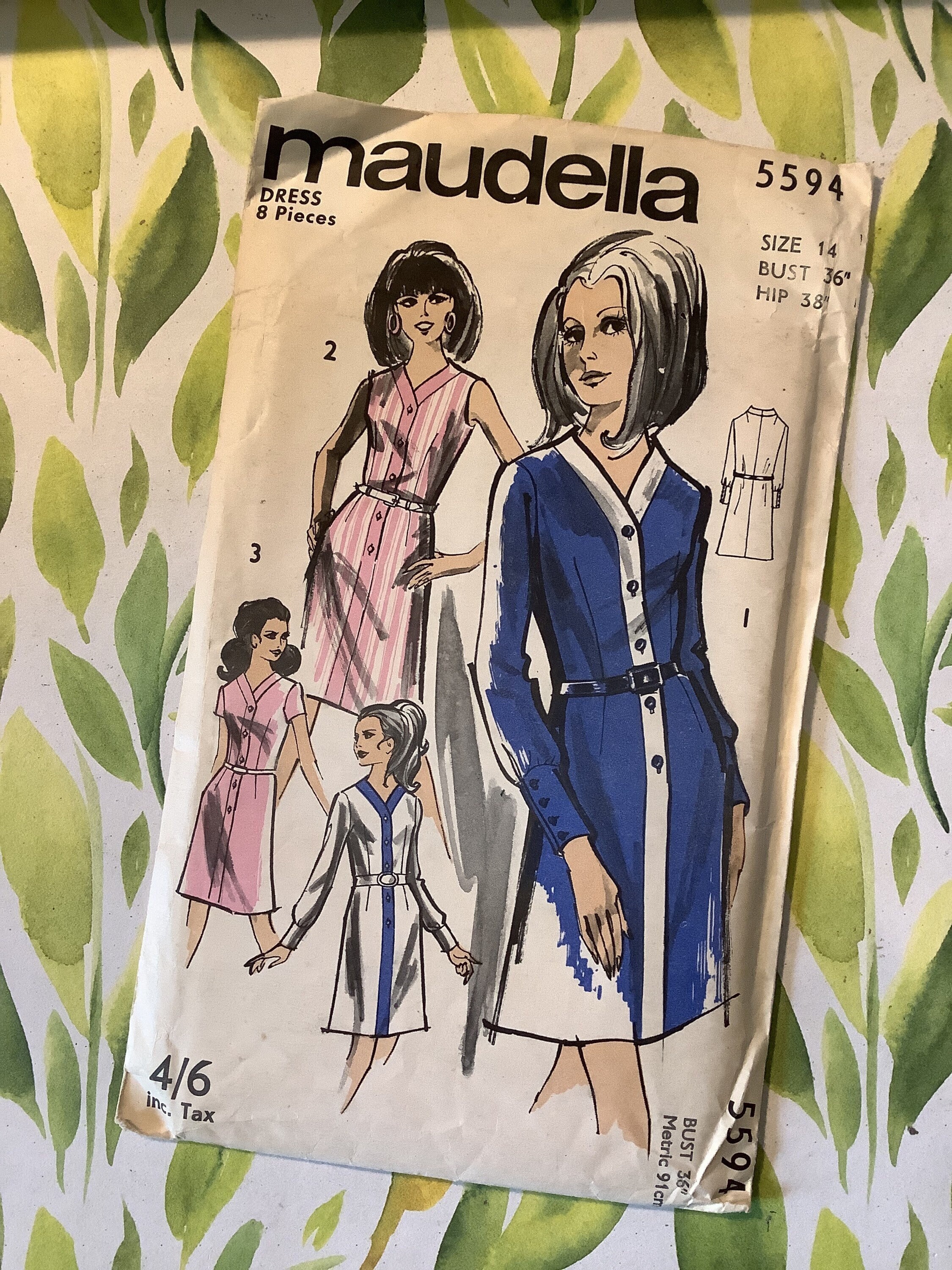 EXTREMELY RARE Vintage/Retro Uncut F/F 1960s/70s maudella Pattern No 5594 Misses' Dress in 2 Lengths - Size 14 Bust 36" Hip 38" -Collectable
