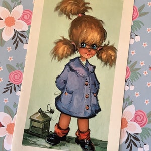 ZEER ZELDZAAM Grote Vintage/Retro Circa jaren 1960 Ondertekend 'To Mum' Card 'Pony Tails' Ontwerp door Michel Thomas - 'Big-Eye' Card - Kitsch Card To Frame