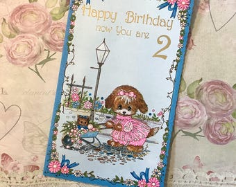 RARE Vintage Circa 1970s 2nd Birthday Card - ADORABLE Kitsch, Dressed Dog and Cat Design - Sweet Verse Inside - Traditional, Nostalgic Card