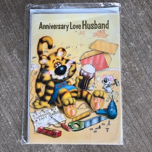 Cartão FABULOSO Vintage/Retrô, Circa 1970, "Marido de Aniversário com Amor" - Divertido, Tiger "curtindo!", fazendo um design DIY por Arti! Doce saudação
