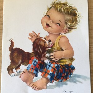 Estremamente rara cartolina vintage degli anni '60 o precedente di Constanza con un design super carino di un ragazzino biondo e un cane - Retro Junk Journal Filler