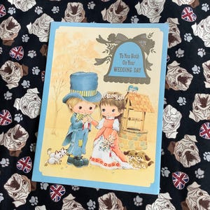 SELTENE Vintage/Retro Circa 1970er Jahre 'To You Beide an Ihrem Hochzeitstag' Große A4 Größe Karte - ADORABLE Braut, Bräutigam, Katze & Welpen Design -Nostalgie