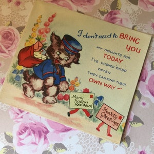 EXTRÊMEMENT RARE Vers les années 1940 Carte d'anniversaire quadruple vintage signée - Conception de chien mignon - Carte Mia à collectionner - Décorée à l'intérieur - Vers doux