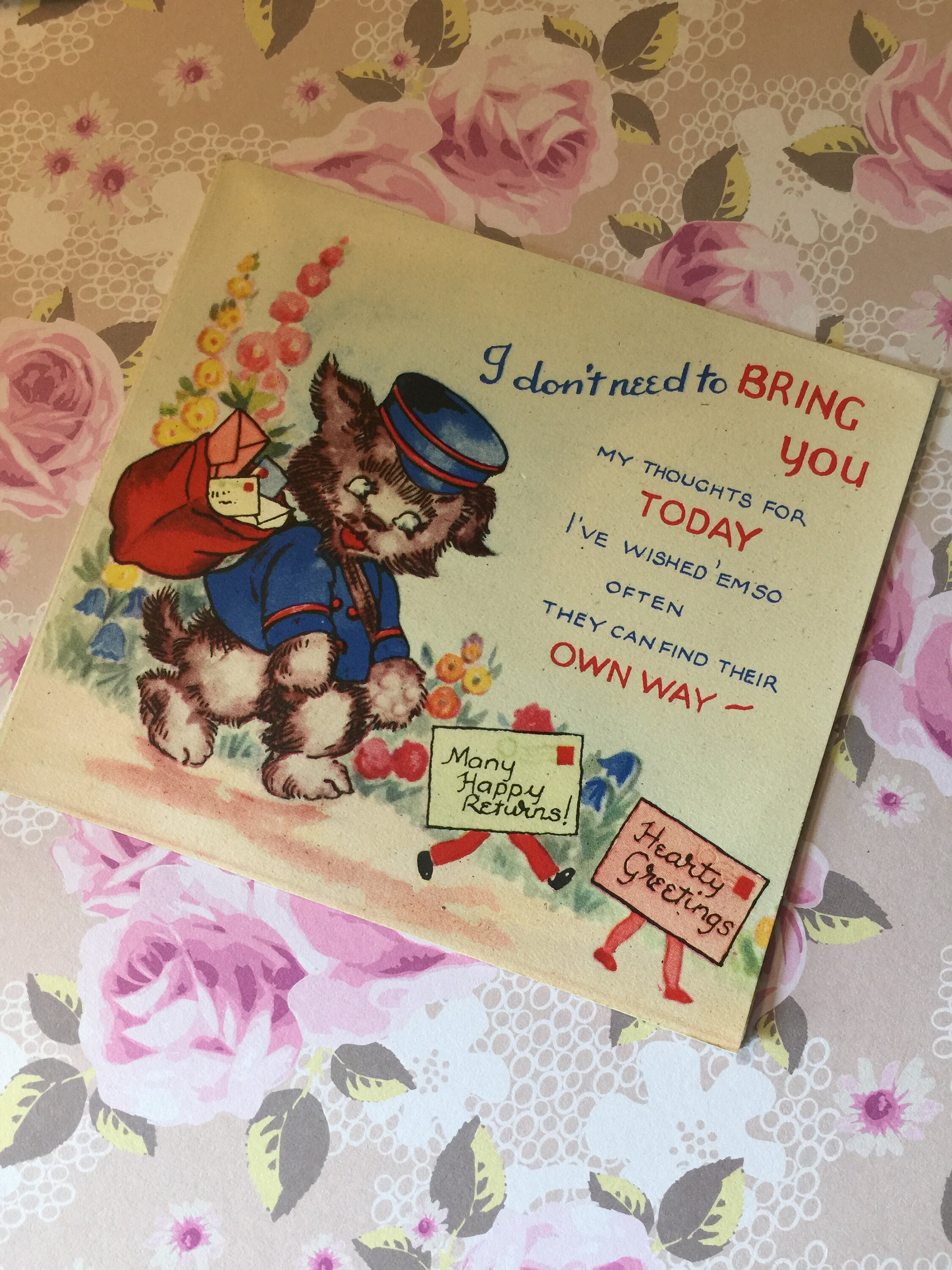 EXTREMELY RARE Circa 1940s Signed Vintage Four-fold Birthday Card Collectable Mia Card Sweet Verse Cute Dog Design Decorated Inside