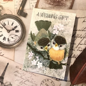 RARE Vintage/Retro 'Un regalo di nozze' Carte in miniatura/Etichette regalo con ADORABILE Coppia di graziosi uccelli Design - Matrimonio in stile vintage - Biglietto da conservare