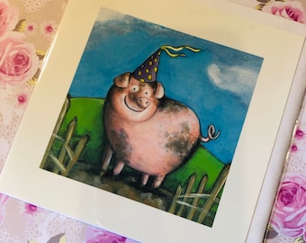 FABULOUS Cute, Pig in a Party Hat Design - Blank Greetings Card -Junk Journal  -A Card To Frame  Card To Treasure -Pig Lover Card -5.5"x5.5"