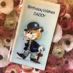 FABULOSA tarjeta de cumpleaños vintage/retro de los años 70 con el mensaje «Deseos de cumpleaños, papá»: diseño de un lindo gato bien vestido, verso dulce, papá amoroso vintage