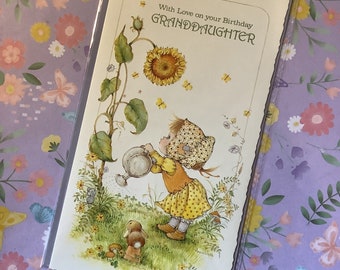 RARE Vintage Circa 1970s &#39;With Love on your Birthday GRANDDAUGHTER&#39; Card Designed by Anneliese - Nostalgic &#39;Holly Hobbie&#39; Style Girl Design