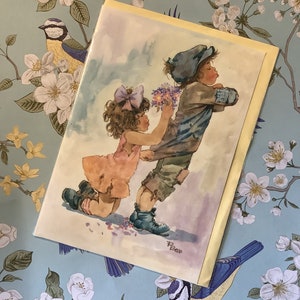 Seltene Vintage circa 1980er Jahre Les Enfants 'I Love You' Blanko-Karte mit Mehrzweck-Peel-Off-Nachrichten - atemberaubendes viktorianisches Kinderpaar-Design