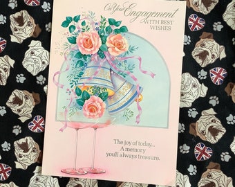Rare Vintage 1970s Engagement Card - Large Card - Beautiful Pair of Bells, Champagne Glasses & Floral Design  – Vintage Loving Couple Card