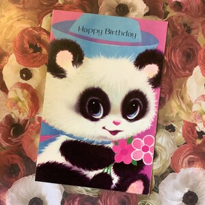 Cartão de 'feliz aniversário' vintage extremamente raro, por volta dos anos 1960 - adorável e fofo design de panda - cartão de amante de nostalgia de verso doce - cartão retrô kitsch