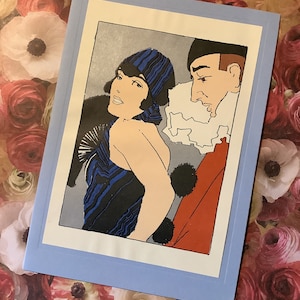 EXTRÊMEMENT RARE vintage Circa 1970s 'Elegance' Card -Art Deco Style Lady & Harlequin Design -Hand Assembled Card by Halcyon Cards 1920s Lover