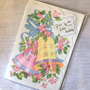 RARE Vintage/Retro Circa 1970s Tarjeta sin usar 'Deseos más cariñosos en tu boda de oro' - Tarjeta del 50 aniversario - Campanas bonitas y diseño floral