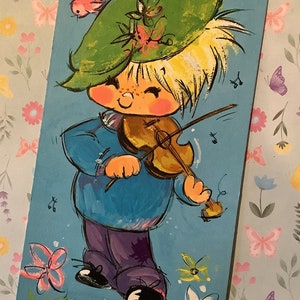 ZEER ZELDZAME Vintage Circa jaren 1960 Open Verjaardagskaart AANBIDDELIJKe Kitsch Jongen die viool speelt en mooie vogels/bloemmotief -Retro kaart naar frame