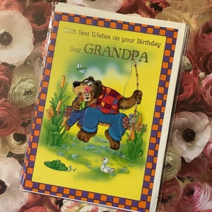 Cartão RARE Vintage/Retro Circa 1970 'Com os melhores desejos no seu aniversário, querido vovô' - Cartão do vovô amoroso de pesca - Verso doce - Cartão fofo