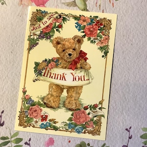 RARE carte « Merci » vintage 1992 ADORABLE Ours en peluche à l'ancienne « ours de Bengale » par Sarah Bengry - décoré à l'intérieur - carte de fan d'ours
