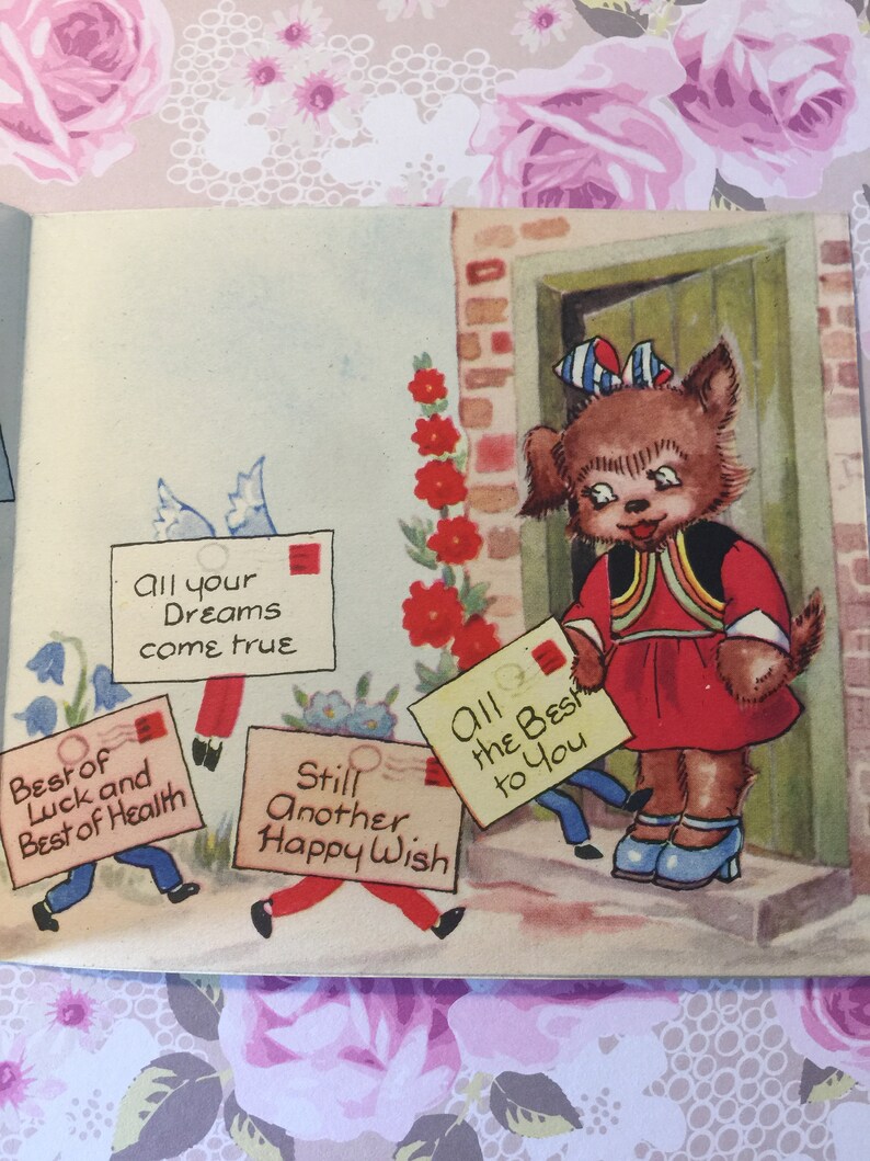 EXTREMELY RARE Circa 1940s Signed Vintage Four-fold Birthday Card Collectable Mia Card Sweet Verse Cute Dog Design Decorated Inside
