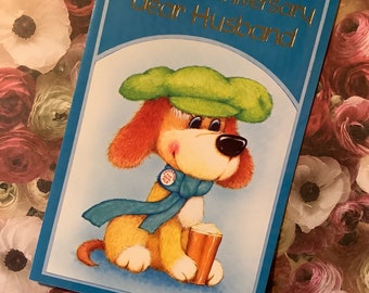 EXTREMELY Rare Vintage/Retro Circa 1970s 'Happy Anniversary dear HUSBAND' Card - Super Cute Dog Design - Decorated Inside & Fabulous Verse
