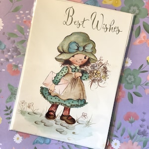 Carte « Best Wishes » vintage inutilisée extrêmement RARE des années 1960 - Design de style « Holly Hobbie » - une carte pour de nombreuses occasions - Retro Loving Friend