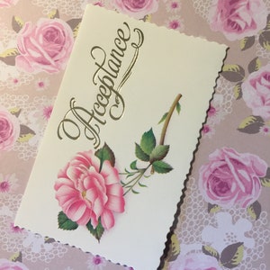 Tarjeta de aceptación de boda vintage original MUY RARA de alrededor de 1970: IMPRESIONANTE diseño de clavel rosa Tarjeta de aceptación perfecta para una boda vintage